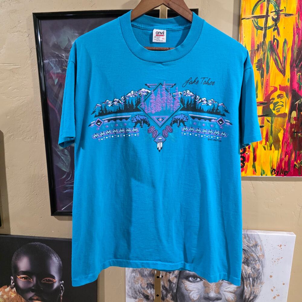 Vintage 90s Nature Cottagecore Puff Print T-Shirt Single Stitch Blue Size XL